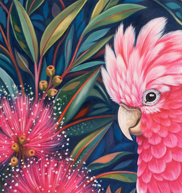 Original Australian Galah Limited Edition Canvas Print - Pink Galah Amongst Blossoms Wall Art close up detail top left