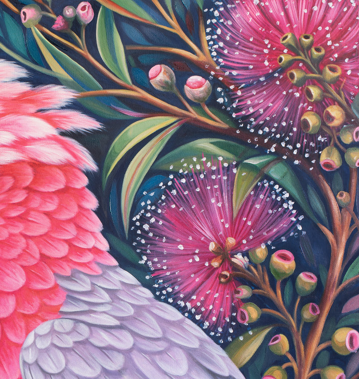Original Galah Oil Painting - 80x90cm - Pink Galah Amongst Blossoms, Colourful Australian Bird Art close up top right