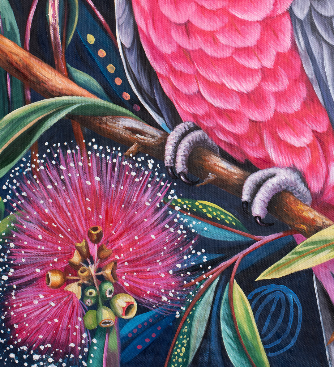 Original Galah Oil Painting - 80x90cm - Pink Galah With Raised Crest Amongst Flowering Gum Blossoms, Colourful Australian Bird Art - close up bottom left