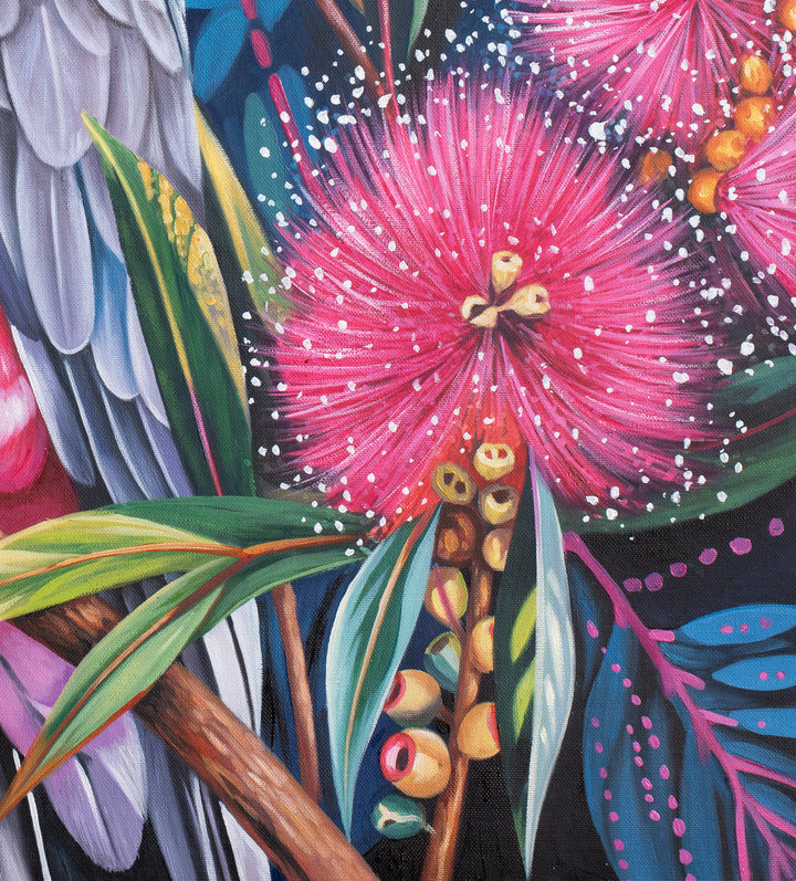Original Galah Oil Painting - 80x90cm - Pink Galah With Raised Crest Amongst Flowering Gum Blossoms, Colourful Australian Bird Art - close up bottom right