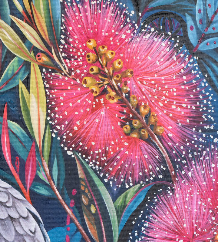 Original Australian Galah Limited Edition Canvas Print - Pink Galah with Raised Crest Amongst Flowering Gum Blossoms Wall Art close up detail top right
