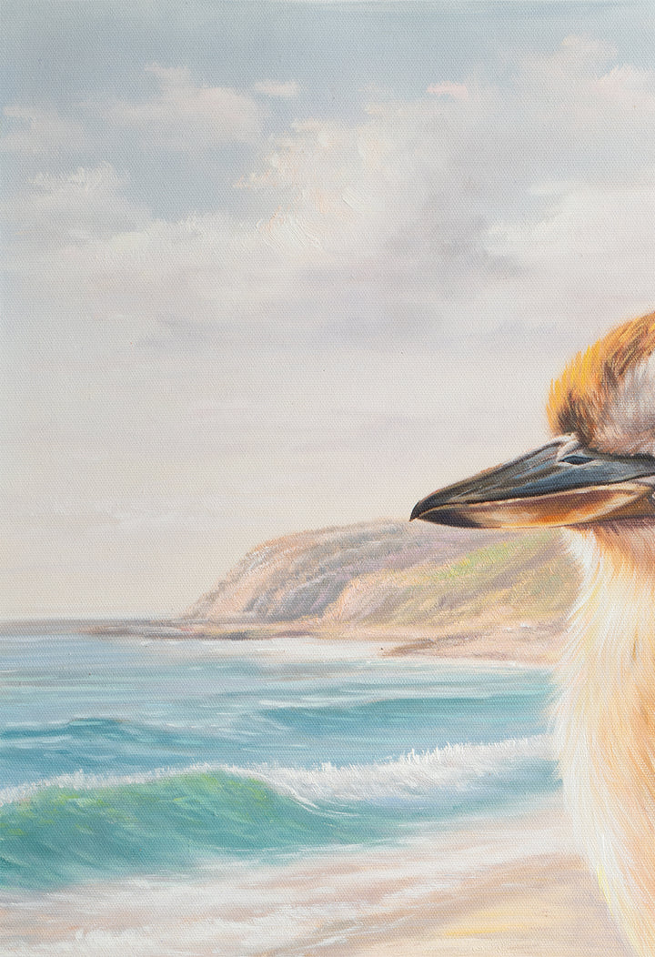 Original Australian Kookaburra Limited Edition Canvas Print - Kookaburra Perched on Log Seascape Wall Art close up top left