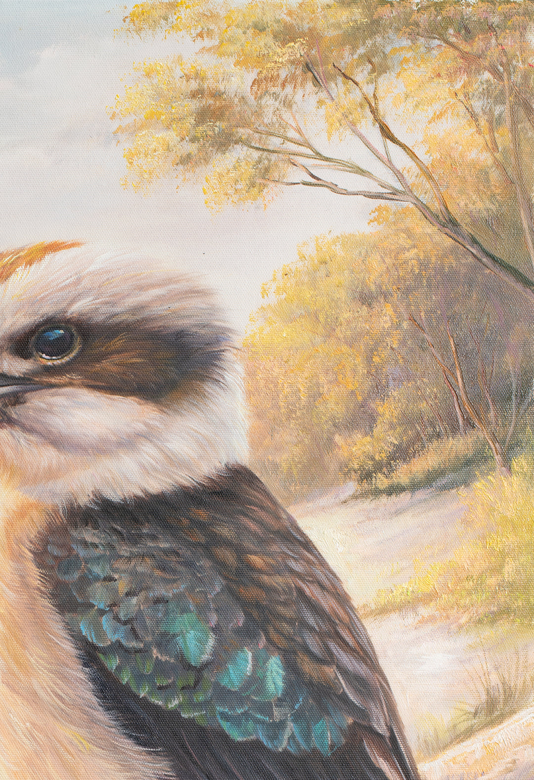 Original Australian Kookaburra Limited Edition Canvas Print - Kookaburra Perched on Log Seascape Wall Art close up top right