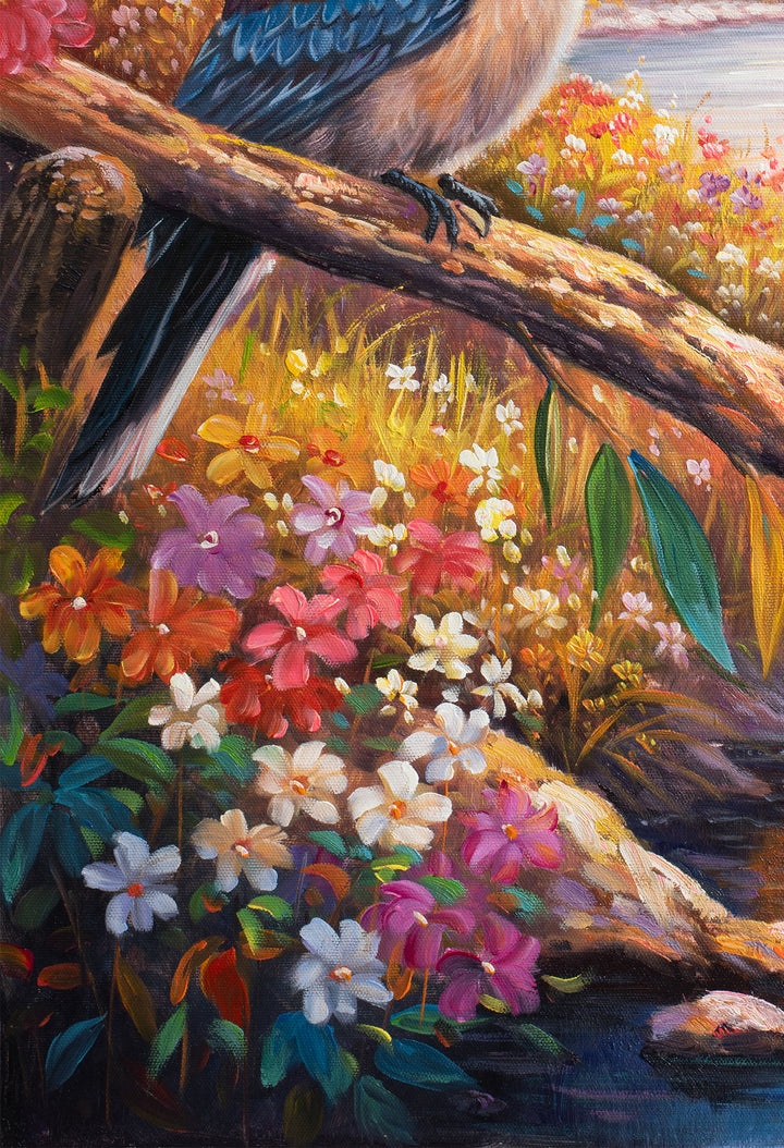 Original Kookaburra Oil Painting - 60x90cm - Perched Kookaburra in Bush Landscape with Stream, Native Wildlife Art close up bottom left
