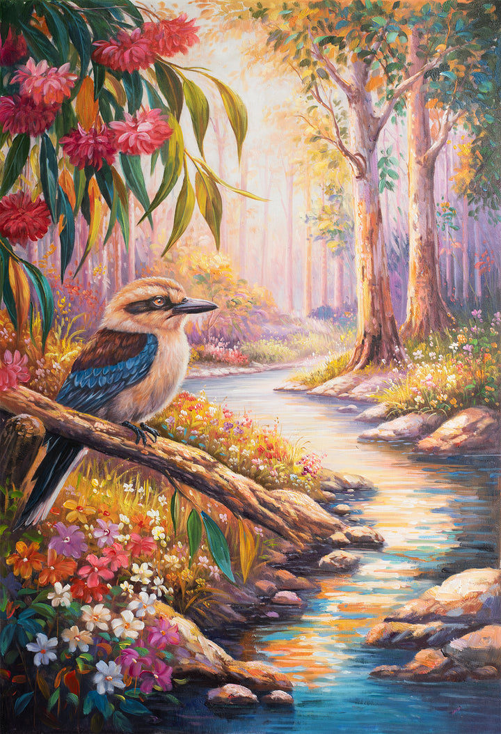 Original Australian Kookaburra Limited Edition Canvas Print - Perched Kookaburra in Bush Landscape with Stream Wall Art