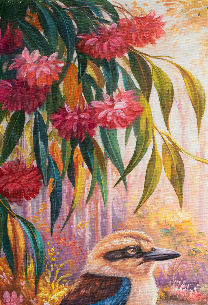 Original Kookaburra Oil Painting - 60x90cm - Perched Kookaburra in Bush Landscape with Stream, Native Wildlife Art close up top left