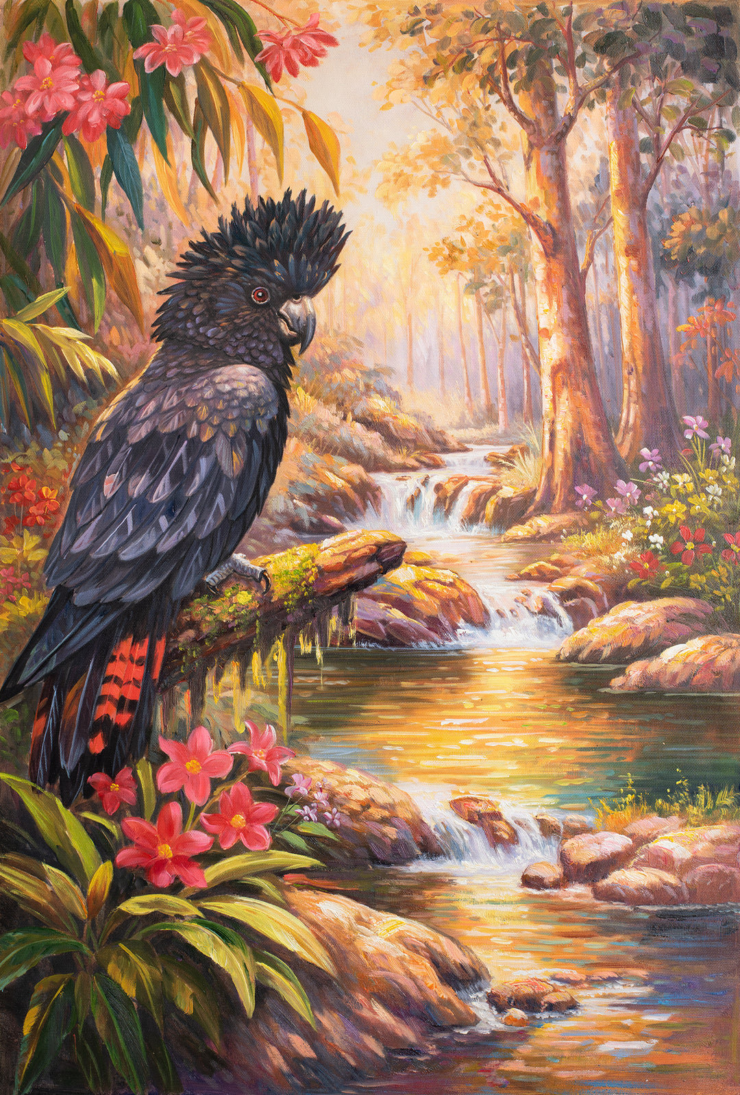 Original Australian Bush Oil Painting - 60x90cm - Red-Tailed Black Cockatoo by Forest Stream