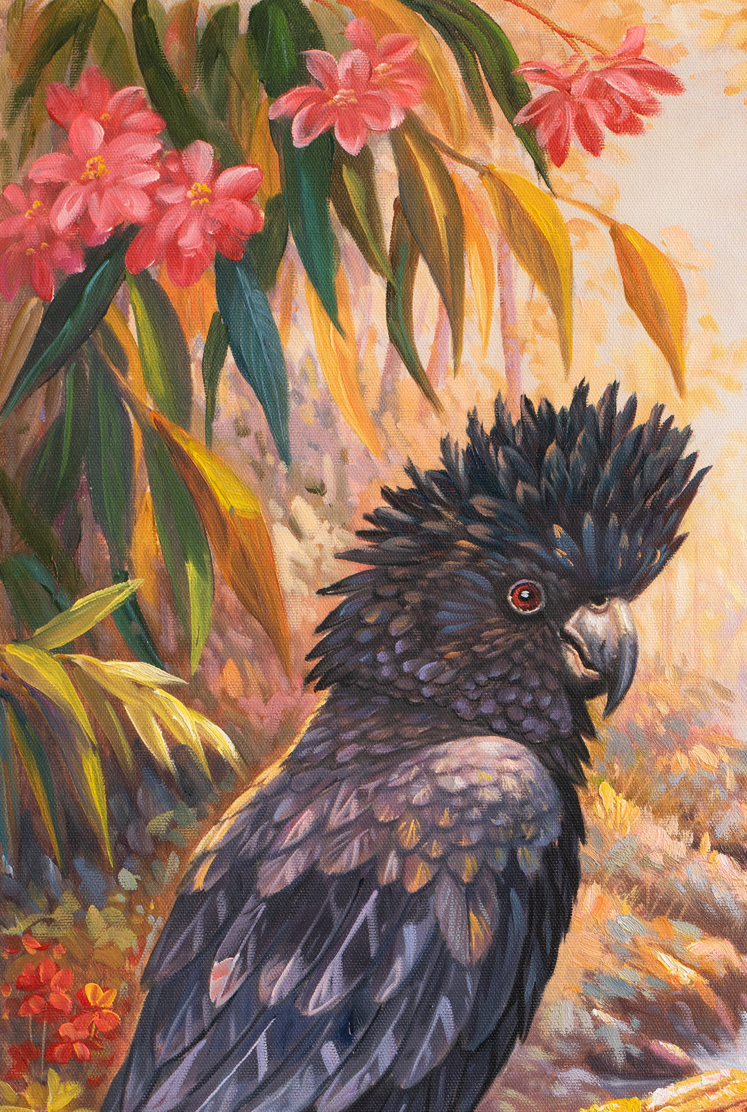 Original Australian Red-Tailed Black Cockatoo Limited Edition Canvas Print - Forest Stream Bush Wall Art close up detail top left