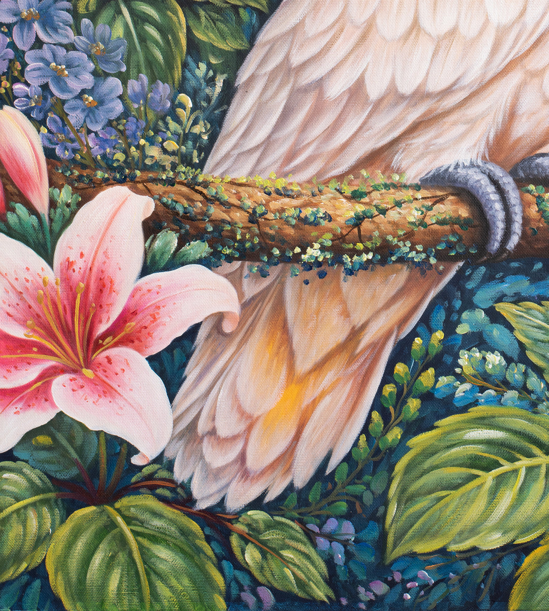 Original Cockatoo Oil Painting - 80x90cm - White Cockatoo with Floral Garden, Colourful Australian Bird Art close up bottom left