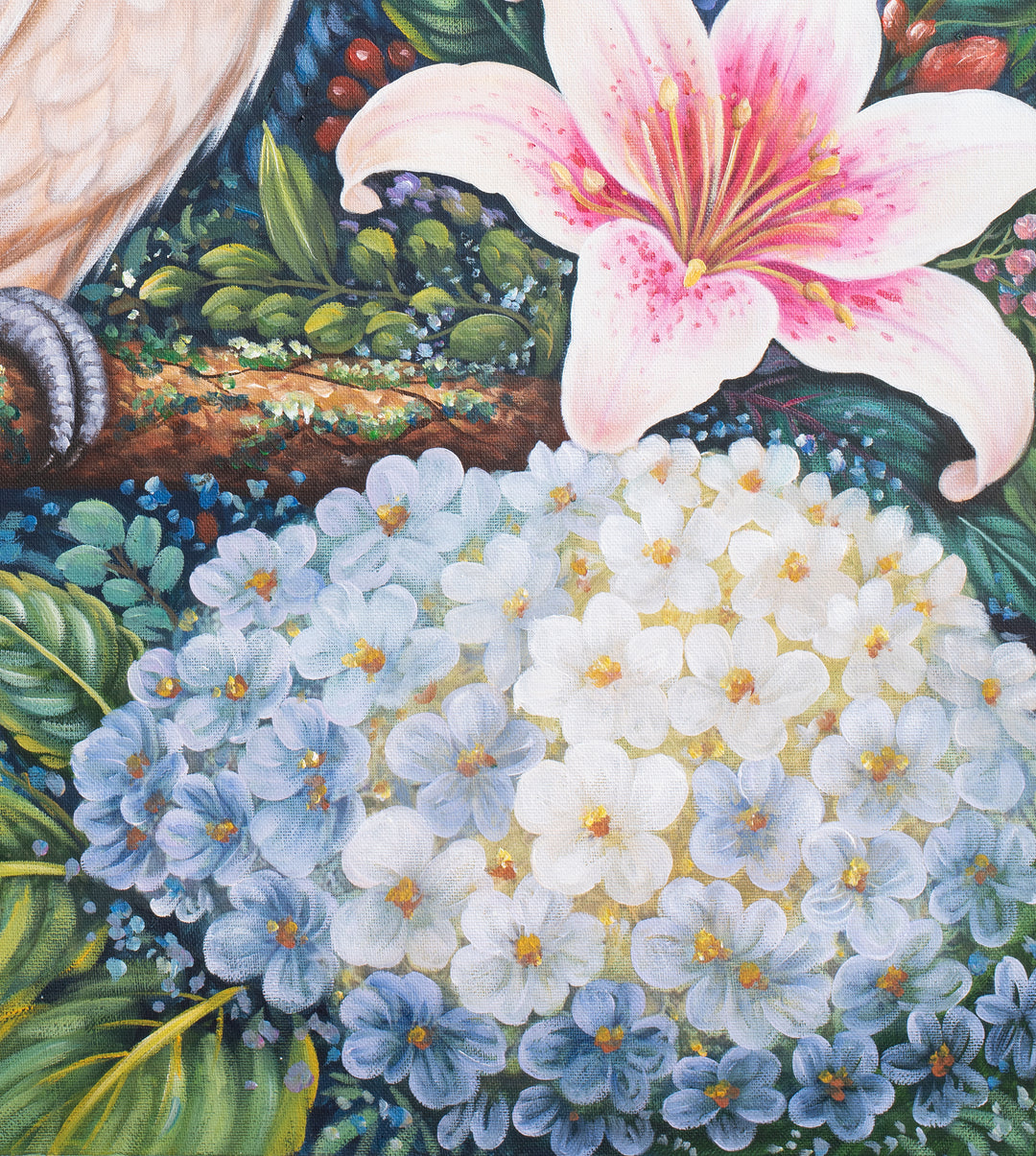 Original Cockatoo Oil Painting - 80x90cm - White Cockatoo with Floral Garden, Colourful Australian Bird Art close up bottom right