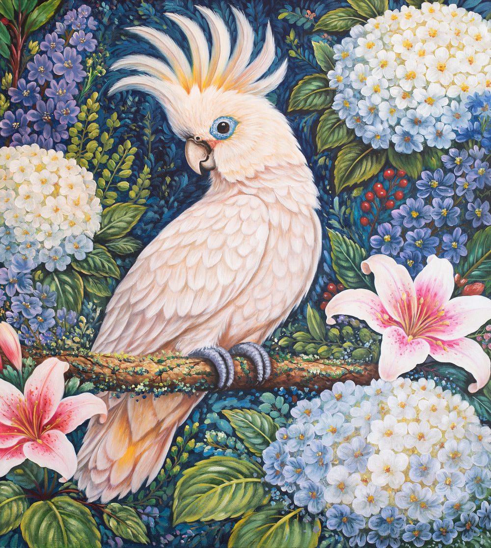 Original Australian Cockatoo Limited Edition Canvas Print - White Cockatoo with Floral Garden Wall Art