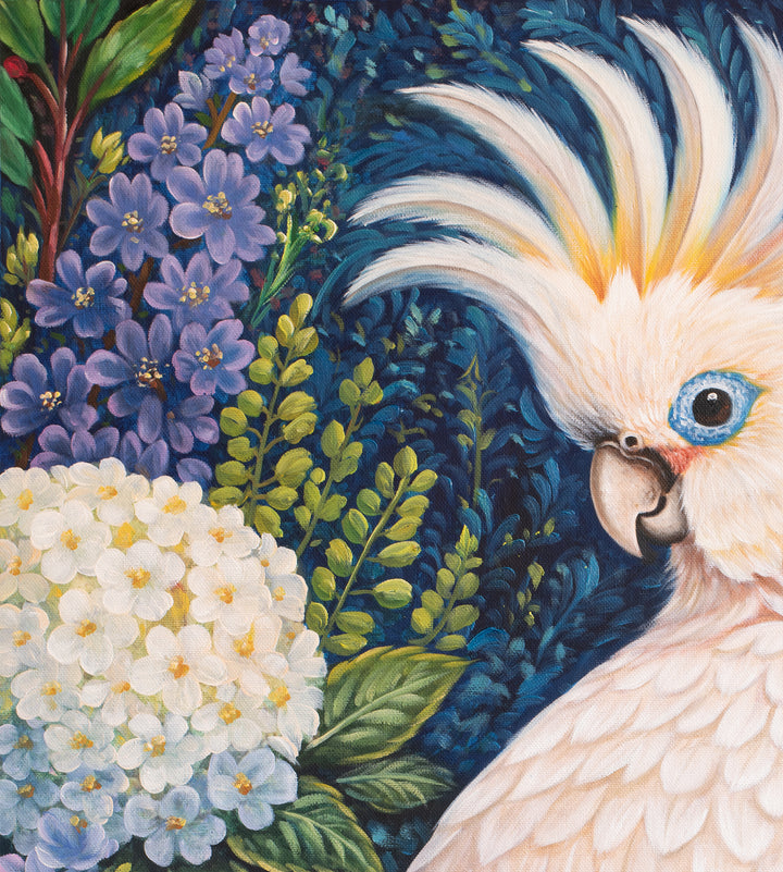 Original Australian Cockatoo Limited Edition Canvas Print - White Cockatoo with Floral Garden Wall Art close up detail top left