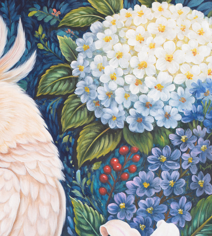 Original Cockatoo Oil Painting - 80x90cm - White Cockatoo with Floral Garden, Colourful Australian Bird Art close up top right