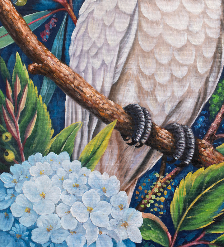 Original Australian Cockatoo Limited Edition Canvas Print - White Cockatoo in White Floral Garden Wall Art close up detail bottom left