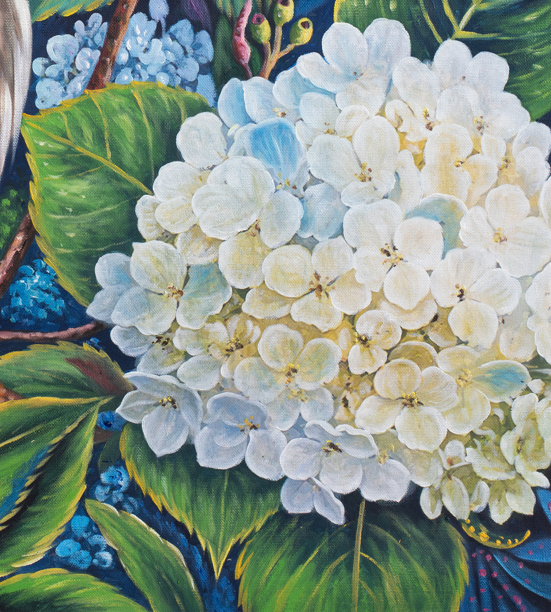 Original Australian Cockatoo Limited Edition Canvas Print - White Cockatoo in White Floral Garden Wall Art close up detail bottom right