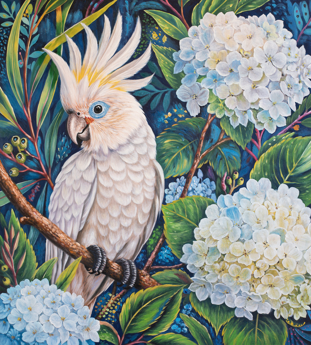 Original Cockatoo Oil Painting - 80x90cm - White Cockatoo in White Floral Garden, Colourful Australian Bird Art