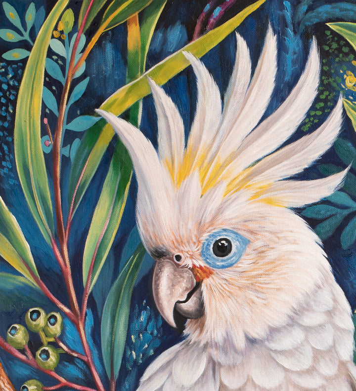 Original Cockatoo Oil Painting - 80x90cm - White Cockatoo in White Floral Garden, Colourful Australian Bird Art close up top left