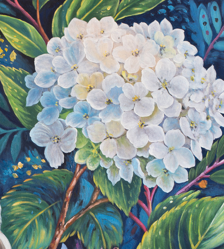 Original Cockatoo Oil Painting - 80x90cm - White Cockatoo in White Floral Garden, Colourful Australian Bird Art close up top right