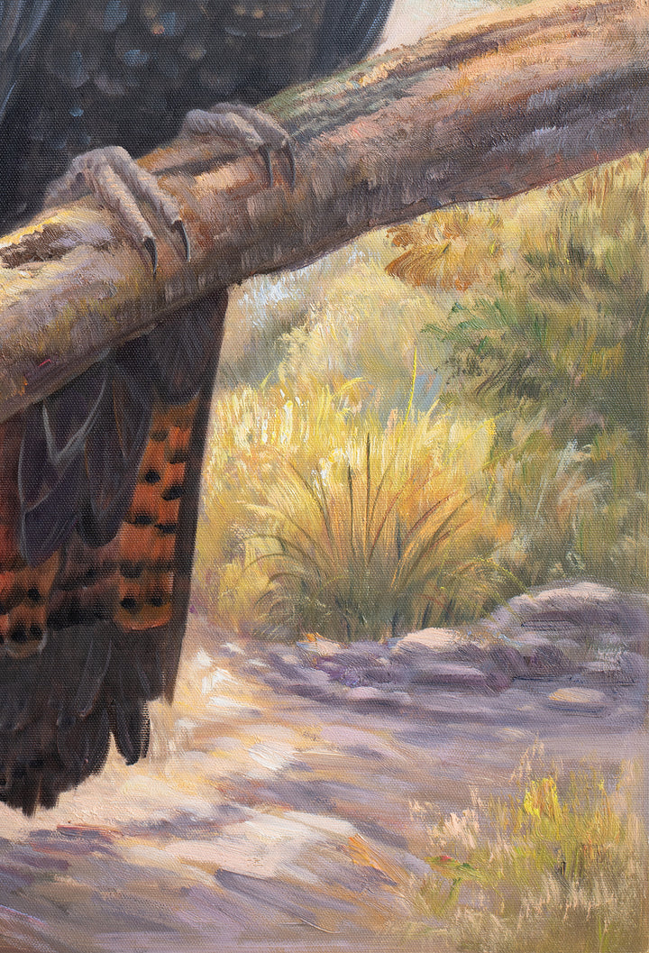 Original Australian Yellow-Tailed Black Cockatoo Limited Edition Canvas Print - Quiet Bush Stream Wall Art close up bottom right