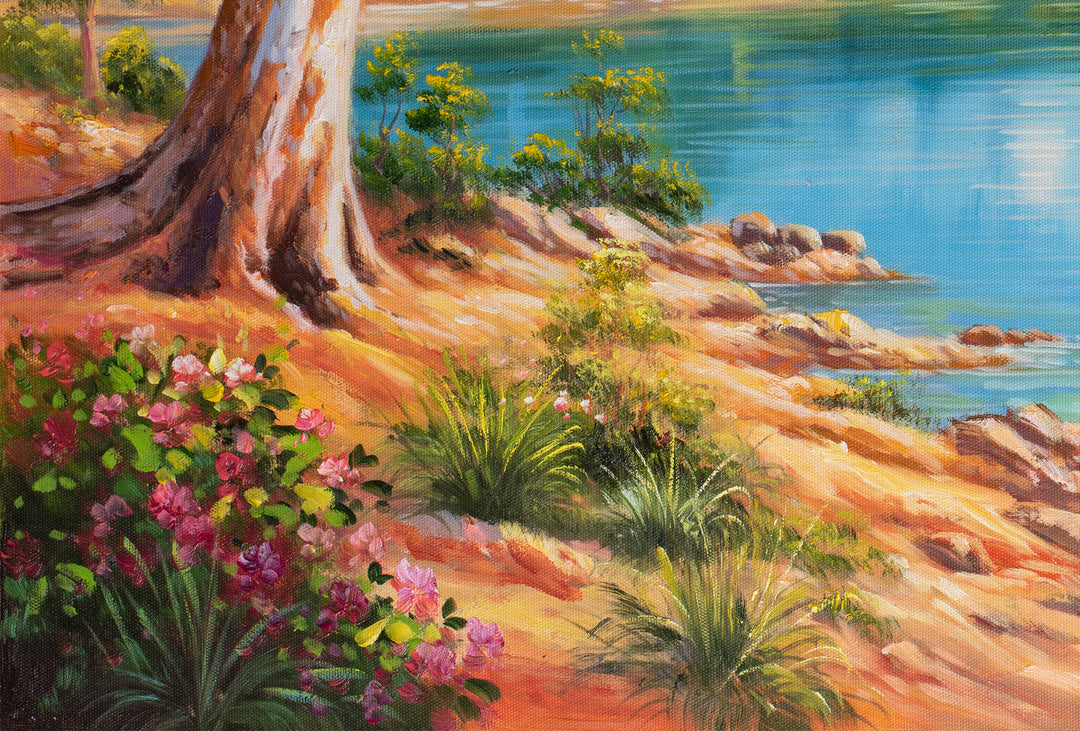Original Australian Lake Landscape Limited Edition Canvas Print - Bright Coastal River Scene with Mountains Wall Art close up bottom left