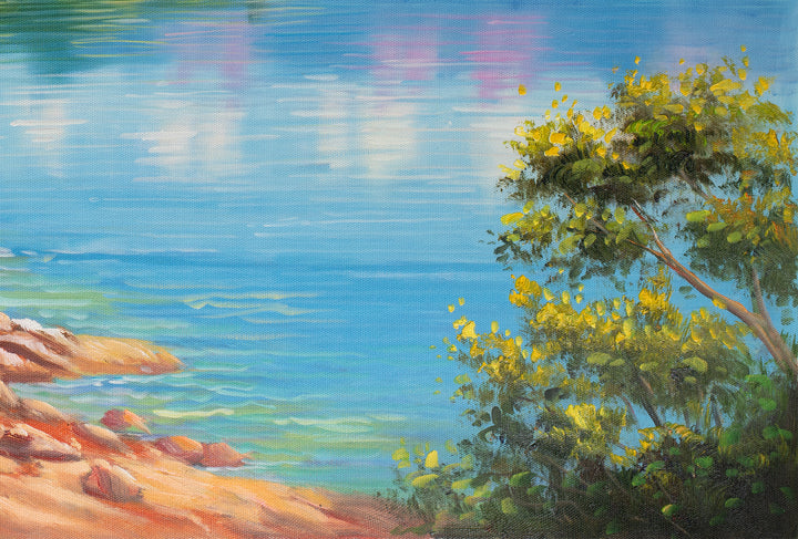 Original Australian Lake Landscape Limited Edition Canvas Print - Bright Coastal River Scene with Mountains Wall Art close up bottom right
