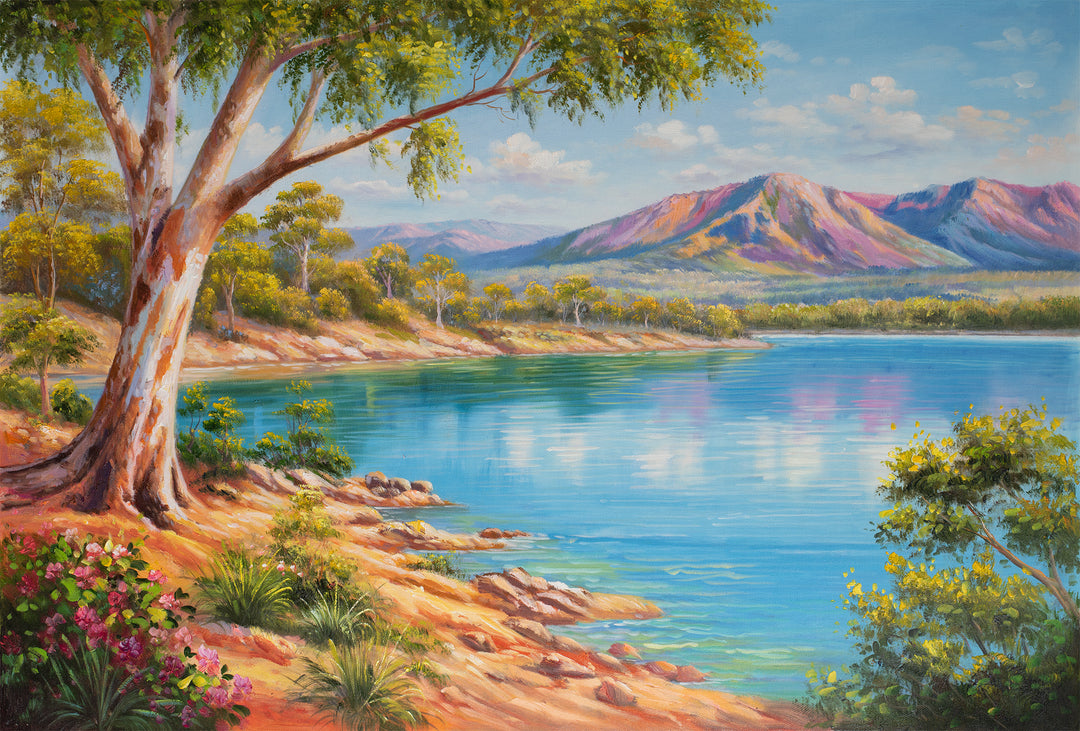 Original Australian Lake Landscape Limited Edition Canvas Print - Bright Coastal River Scene with Mountains Wall Art