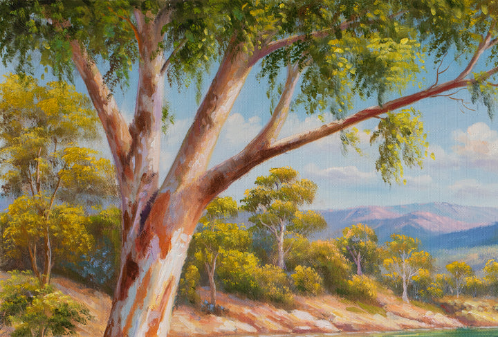 Original Australian Lake Landscape Limited Edition Canvas Print - Bright Coastal River Scene with Mountains Wall Art close up top right