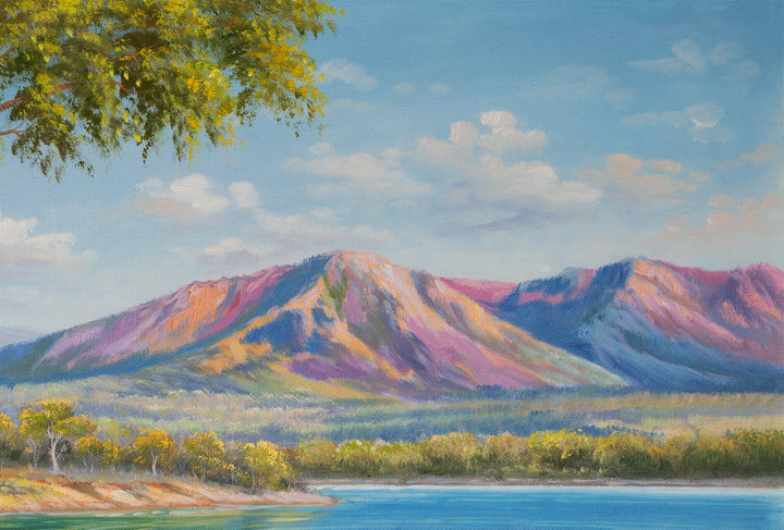 Original Australian Lake Landscape Limited Edition Canvas Print - Bright Coastal River Scene with Mountains Wall Art close up top right
