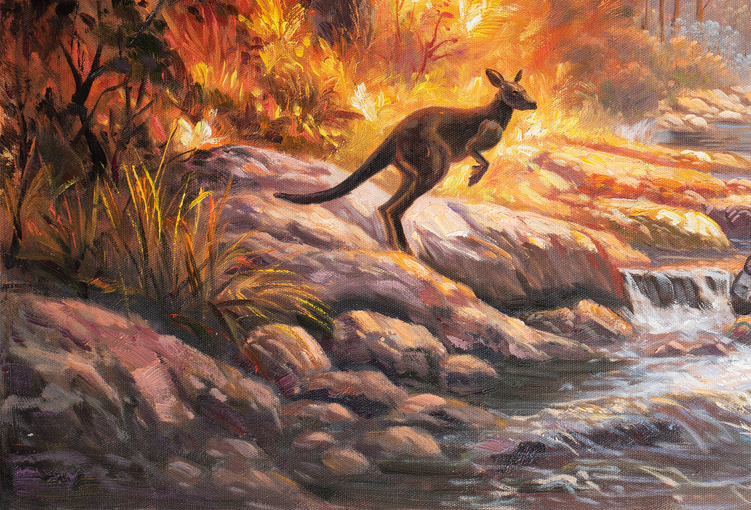 Original Australian Bushfire Painting - 60x90cm - Burning Forest Landscape, Statement Wall Art close up bottom left