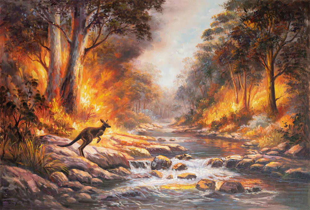Original Australian Bushfire Painting - 60x90cm - Burning Forest Landscape, Statement Wall Art