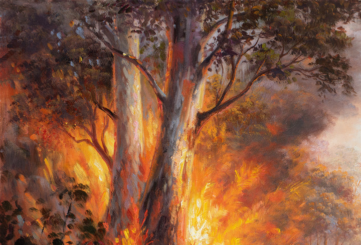 Original Australian Bushfire Painting - 60x90cm - Burning Forest Landscape, Statement Wall Art top left