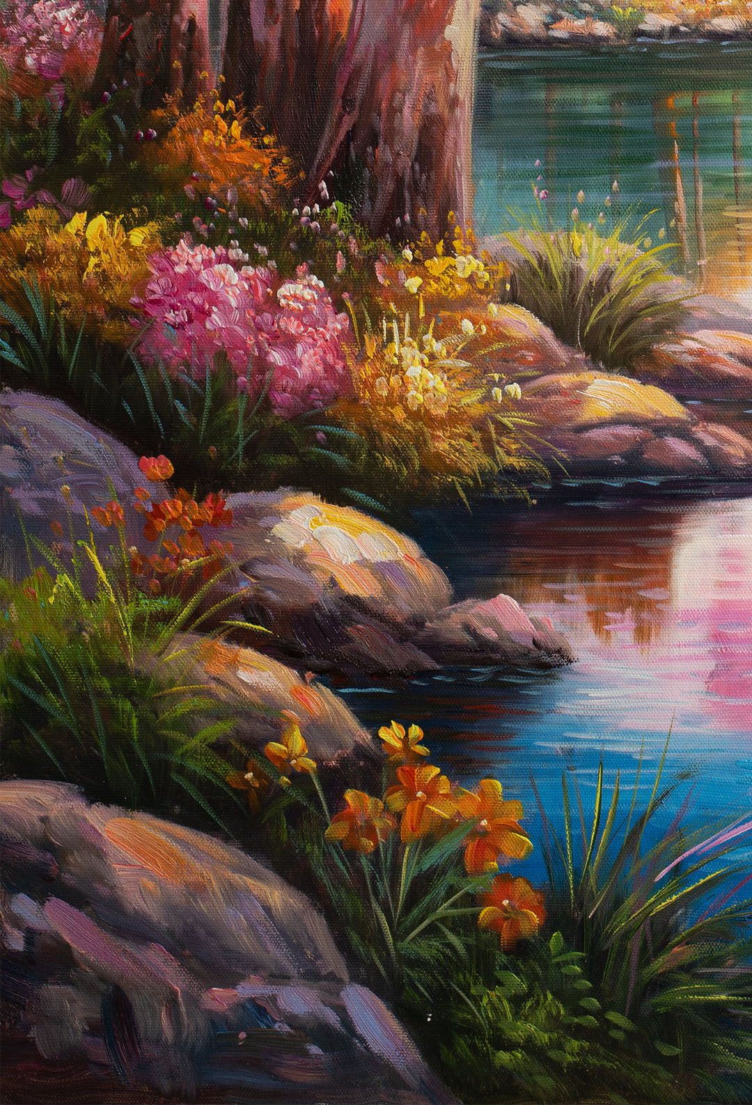 Original Australian Bush Landscape Limited Edition Canvas Print - Colourful Lake Scene with Eucalyptus Trees Wall Art close up bottom left