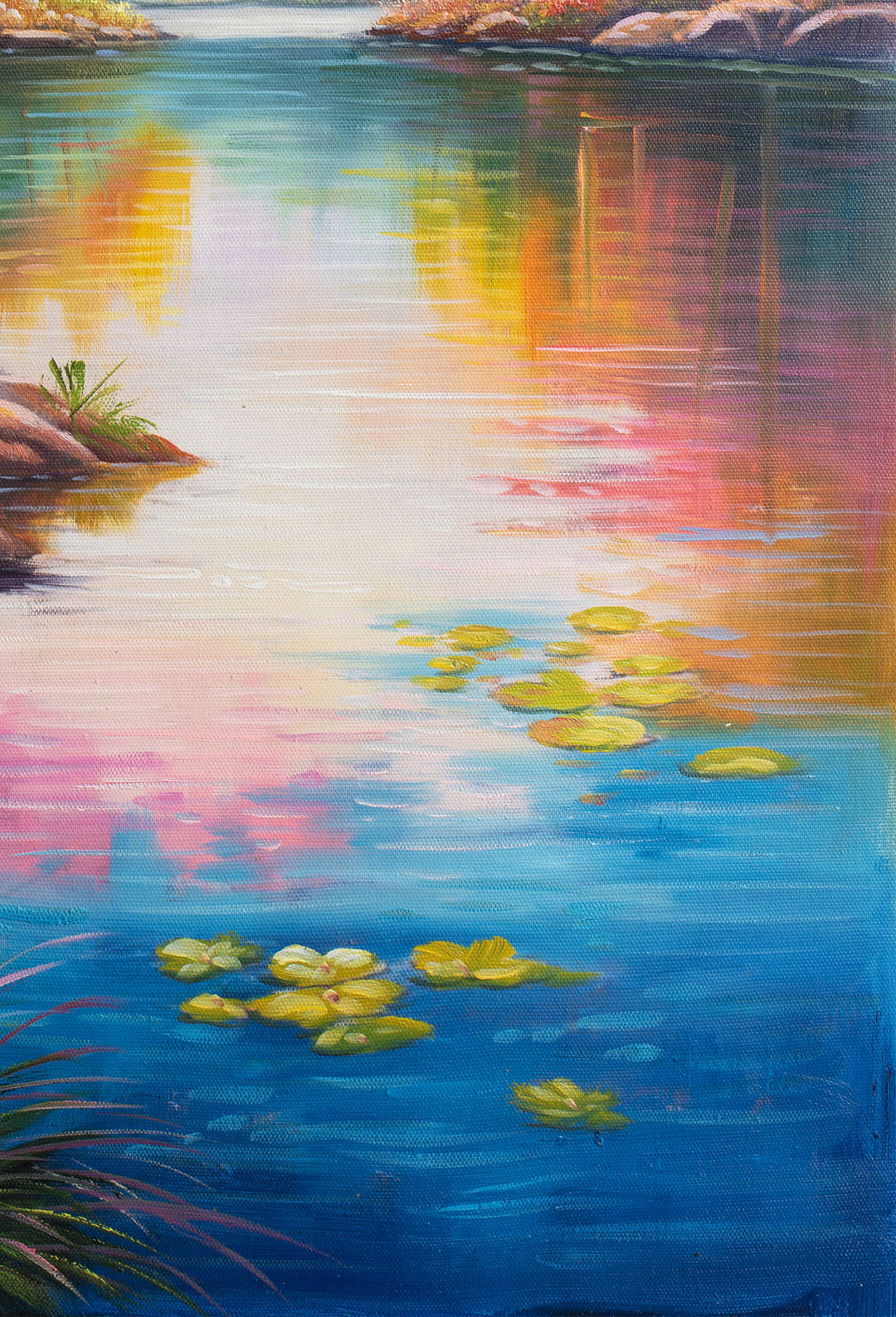 Original Australian Bush Landscape Limited Edition Canvas Print - Colourful Lake Scene with Eucalyptus Trees Wall Art close up bottom right