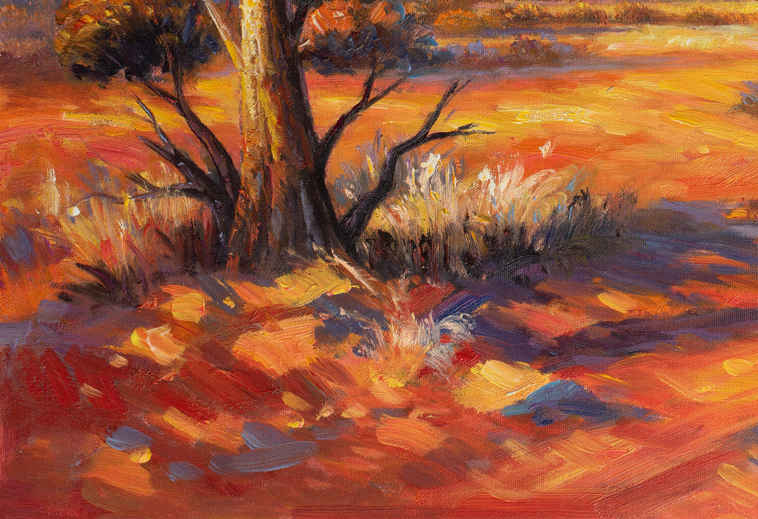 Original Australian Outback Oil Painting - 60x90cm - Red Desert Landscape with Mountain Range, Dramatic Nature Art close up bottom left