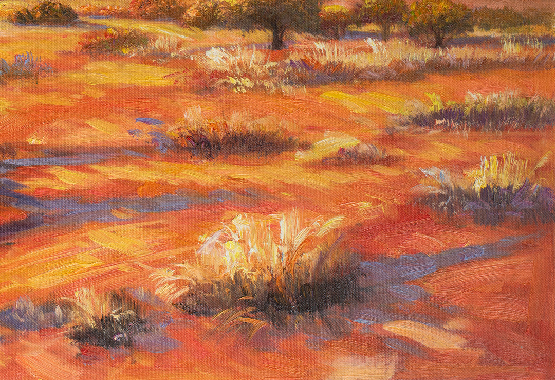 Original Australian Outback Oil Painting - 60x90cm - Red Desert Landscape with Mountain Range, Dramatic Nature Art close up bottom right