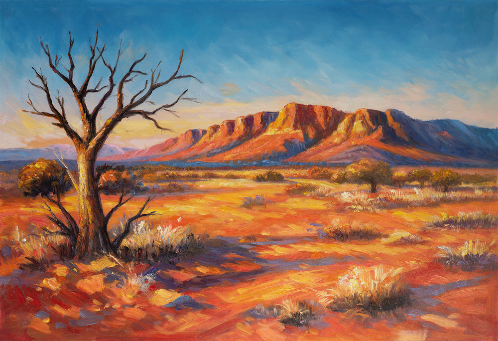 Original Australian Outback Oil Painting - 60x90cm - Red Desert Landscape with Mountain Range, Dramatic Nature Art