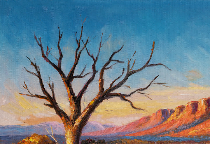 Original Australian Outback Oil Painting - 60x90cm - Red Desert Landscape with Mountain Range, Dramatic Nature Art close up top left