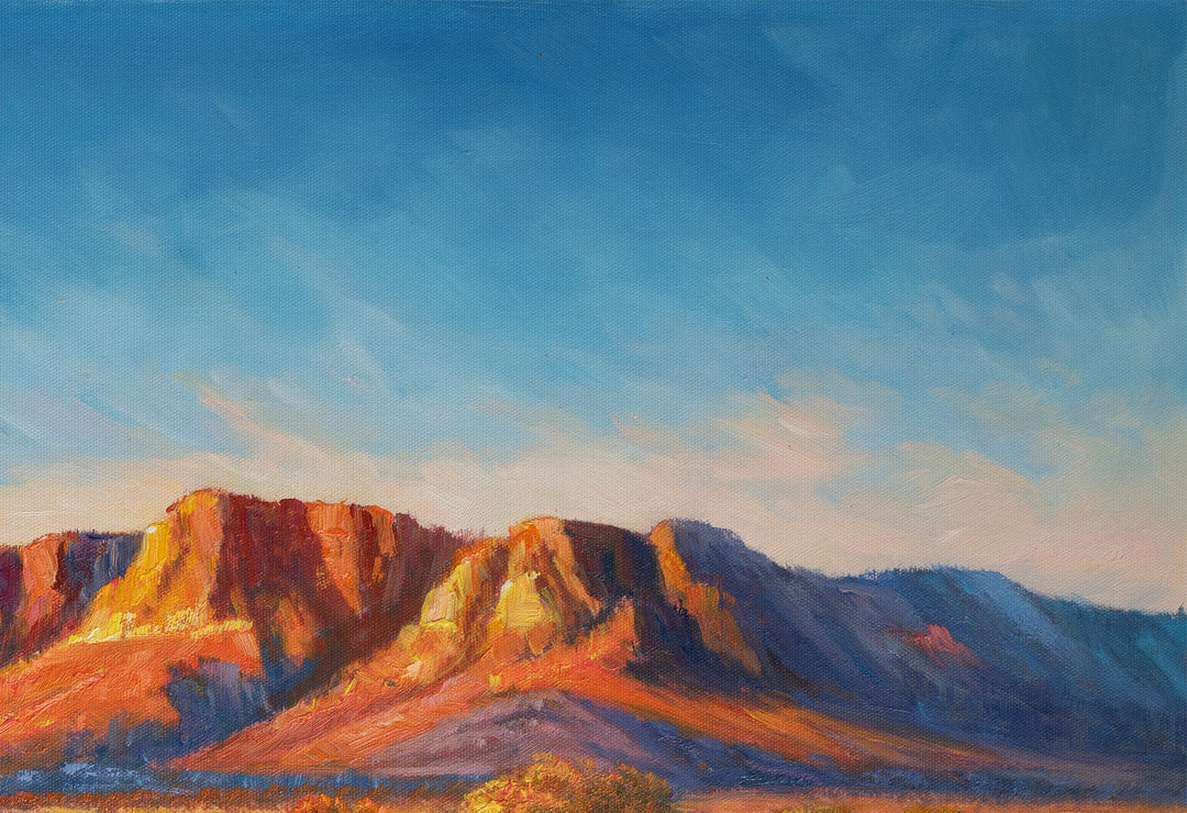 Original Australian Outback Oil Painting - 60x90cm - Red Desert Landscape with Mountain Range, Dramatic Nature Art close up top right