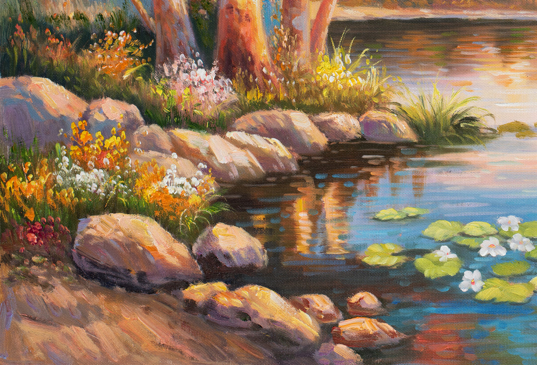 Original Australian Bush Lake Oil Painting - 60x90cm - Sunset Landscape with Pink Hues and Eucalyptus Trees close up bottom left