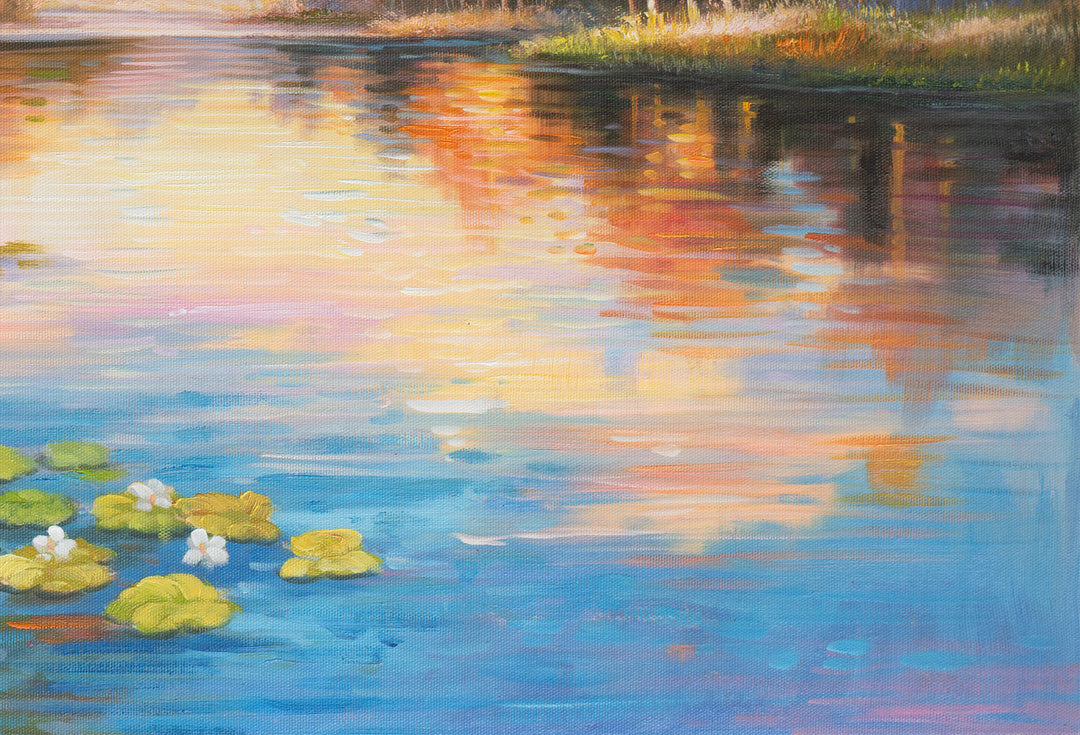 Original Australian Bush Lake Oil Painting - 60x90cm - Sunset Landscape with Pink Hues and Eucalyptus Trees close up bottom right