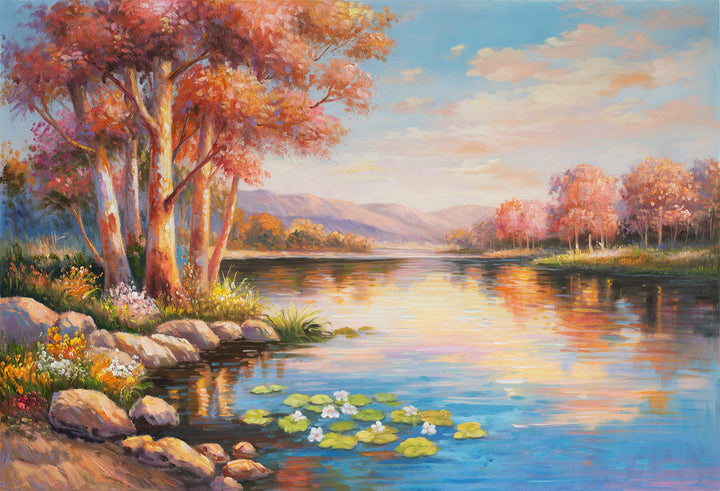 Original Australian Bush Lake Oil Painting - 60x90cm - Sunset Landscape with Pink Hues and Eucalyptus Trees
