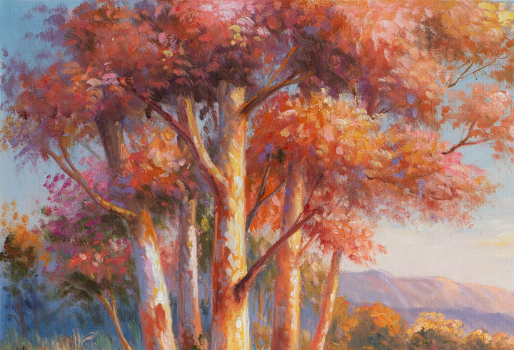 Original Australian Bush Lake Oil Painting - 60x90cm - Sunset Landscape with Pink Hues and Eucalyptus Trees close up top left