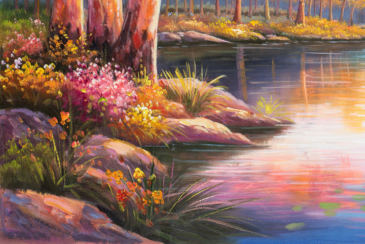 Original Australian Pink Lake Oil Painting - 60x90cm - Blush Eucalyptus Reflections close up bottom left
