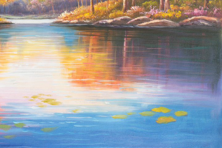 Original Australian Pink Lake Oil Painting - 60x90cm - Blush Eucalyptus Reflections close up bottom right