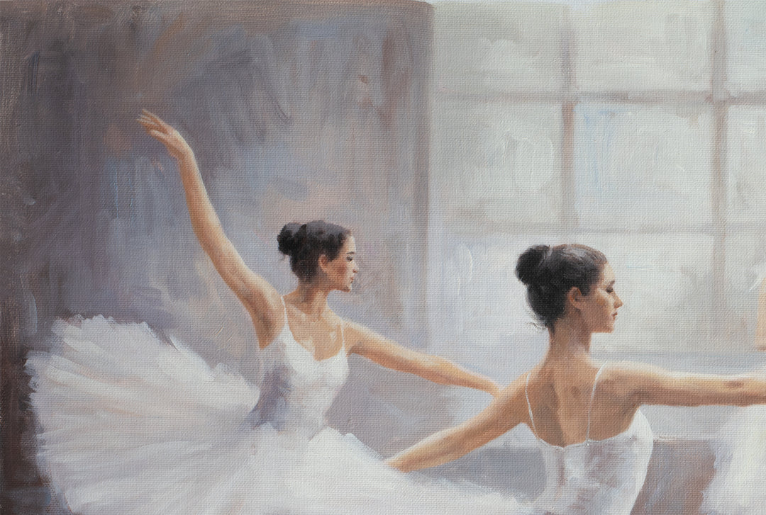 Original Ballet Dancers Limited Edition Canvas Print - Four Ballerinas in Dance Studio Wall Art close up top left