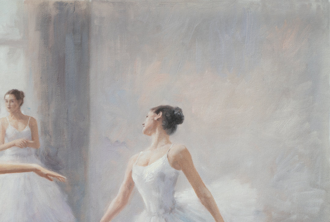 Original Ballet Dancers Limited Edition Canvas Print - Four Ballerinas in Dance Studio Wall Art close up top right