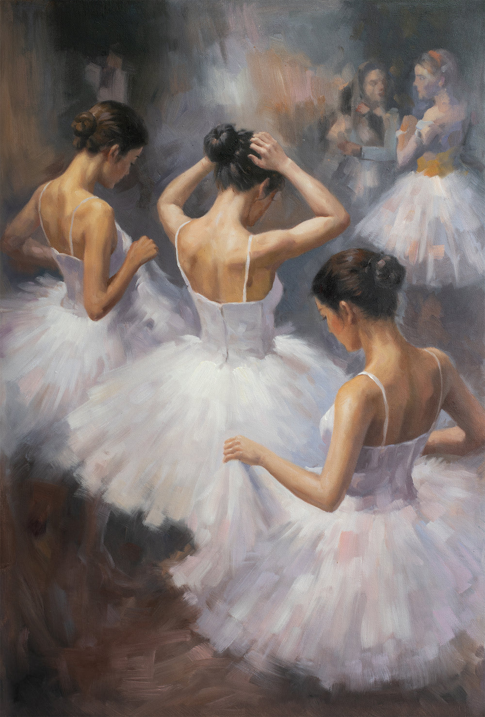Original Ballet Dancers Oil Painting - 60x90cm - Three Ballerinas Backstage