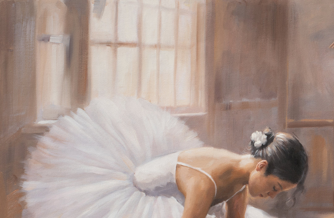 Original Impressionist Ballet Limited Edition Canvas Print - Two Dancers in a Sunlit Studio Interior Wall Art close up detail 3