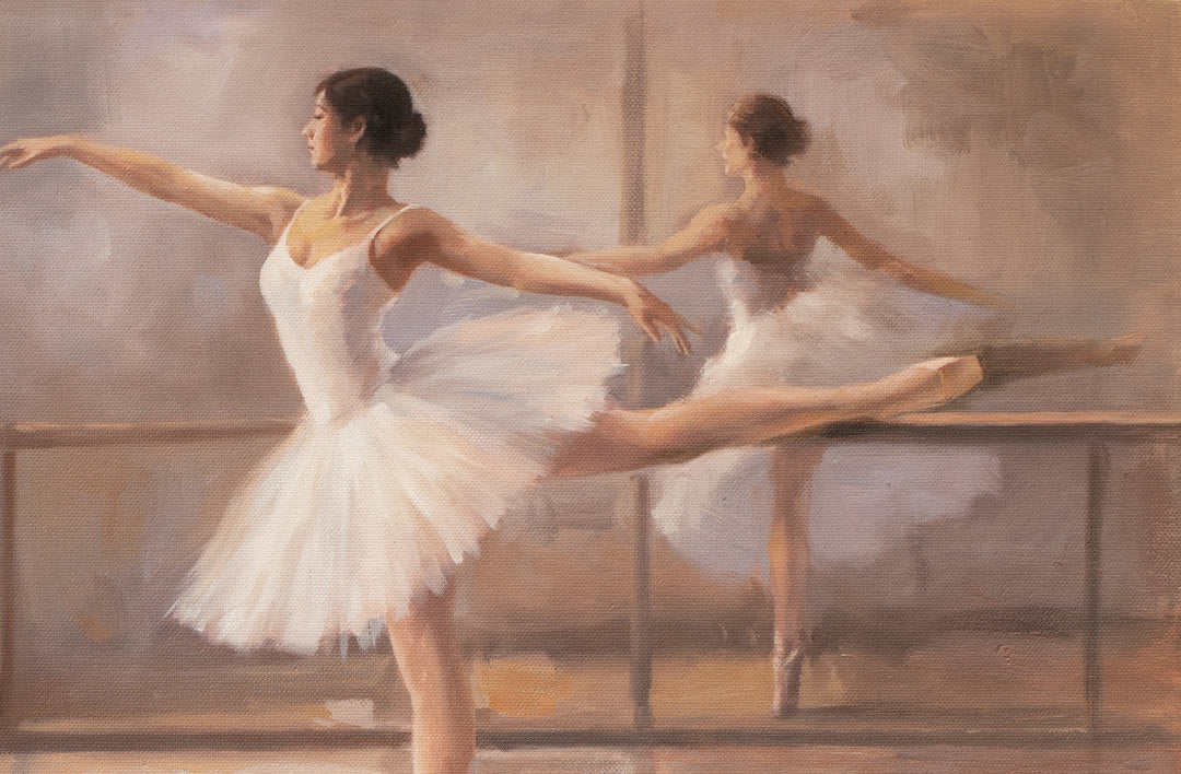 Original Impressionist Ballet Limited Edition Canvas Print - Two Dancers in a Sunlit Studio Interior Wall Art close up detail 4