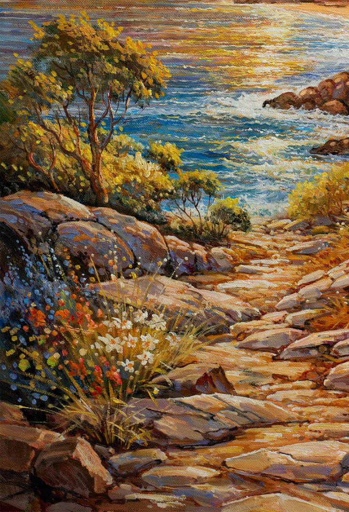 Original Australian Coastal Sunset Oil Painting - 60x90cm - Golden Light Over Ocean Path bottom left